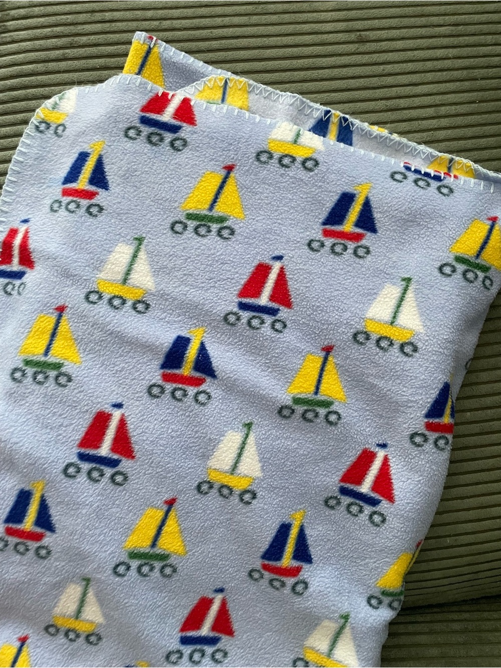 Vintage Fleece “stitch” Children's Light Blue Sailboat Throw Blanket